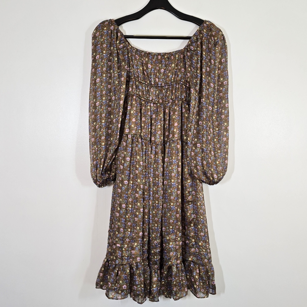 NWT Astr The Label Ruched Bust Brown Pink Ditsy Floral Midi Dress XS - Picture 5 of 11